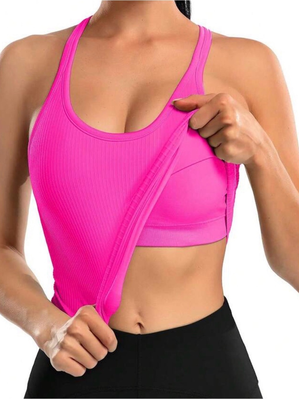 Women’s Hot Pink Ribbed Sports Tank with Built-In Bra